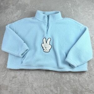 Disney Parks Mickey Mouse Sweater‎ 2X Blue Fleece Fuzzy  1/4 Zip Peace Sign Boxy